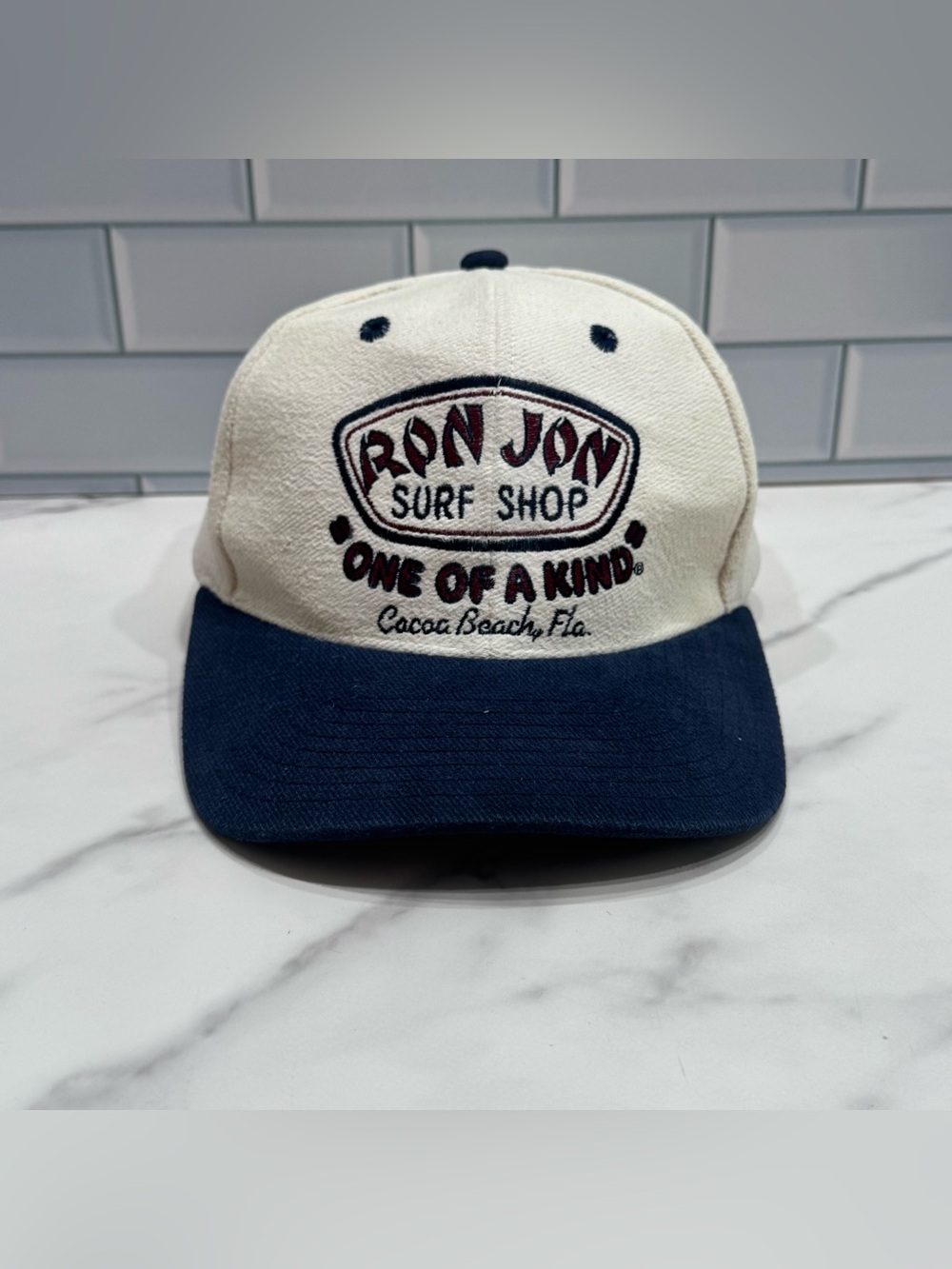 Vintage 90s Ron Jon Surf Shop One of a Kind Snap Back Hat Beige Blue